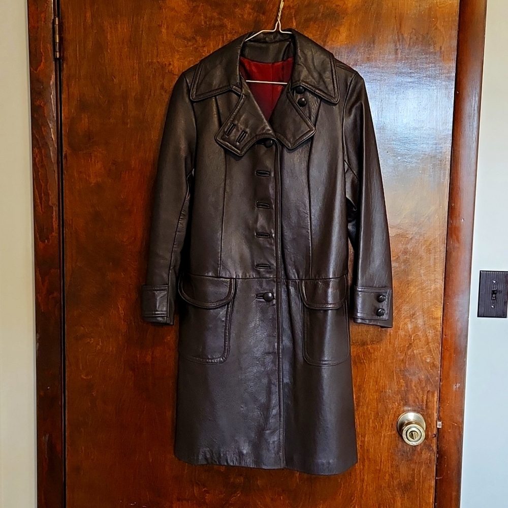 Leather Coat Vintage Long Brown Size 12